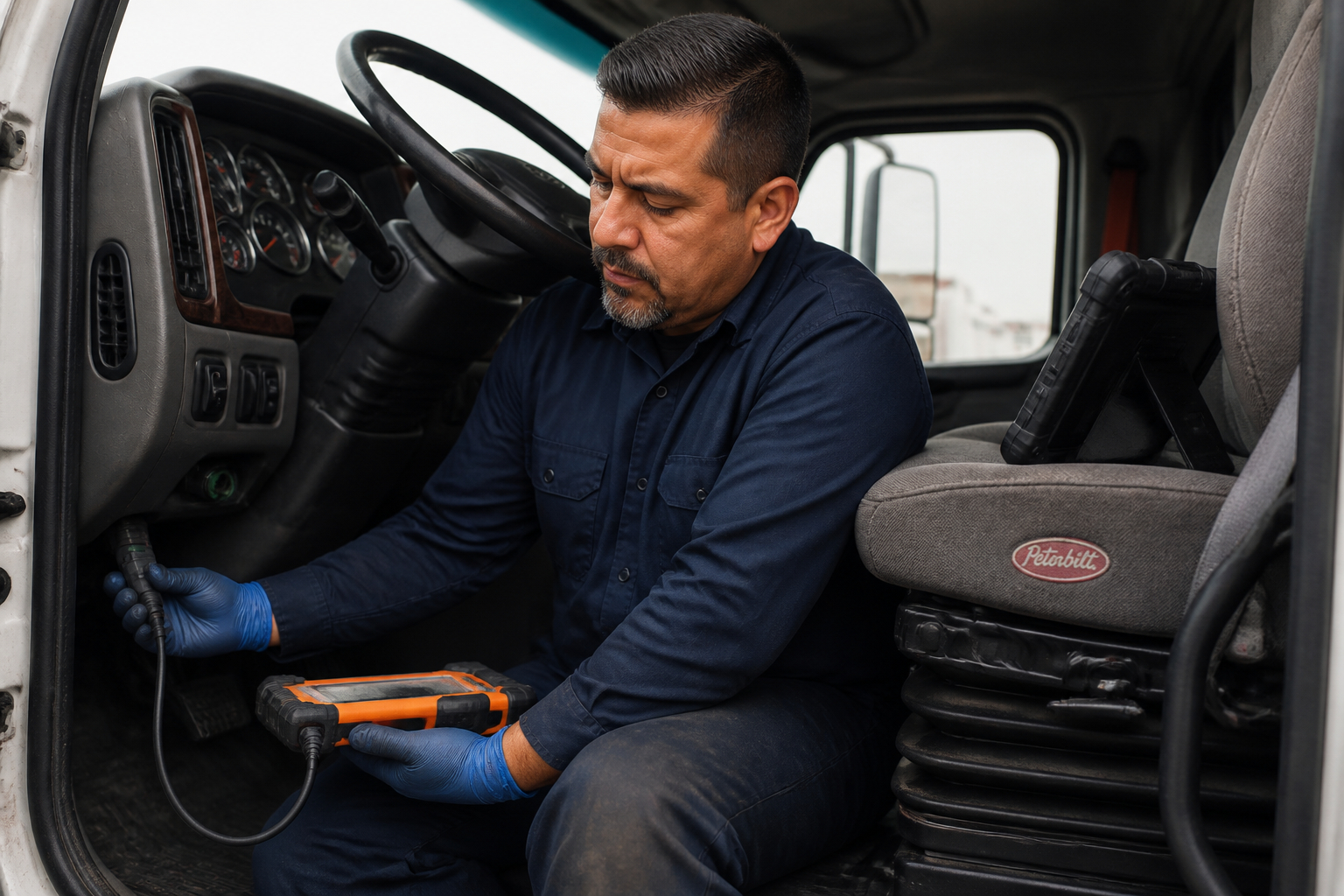 Diagnostic computer connected to an 18-wheeler engine Technician using a diagnostic computer to diagnose issues on an 18-wheeler engine